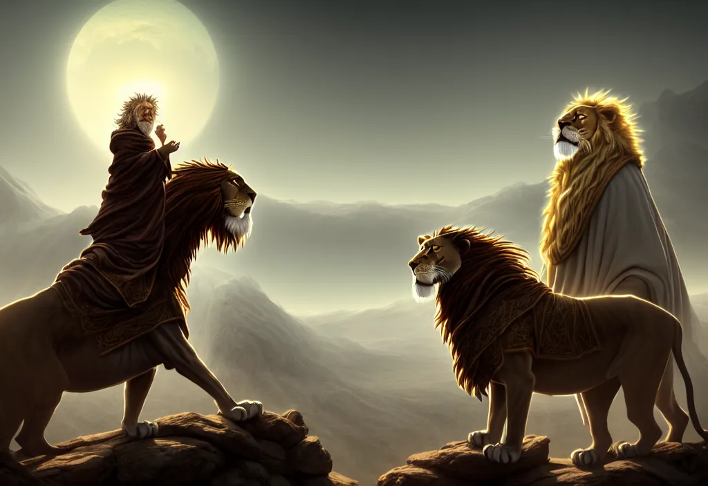 Prompt: alnaqua a hooded wise old man with a long white beard wearing a brown hooded tunic riding on top of a lion, the man riding is on the lion, the wise man is riding on top, majestic, epic digital art, cinematic, trending on artstation, superb detail 8 k, wide - angle, masterpiece