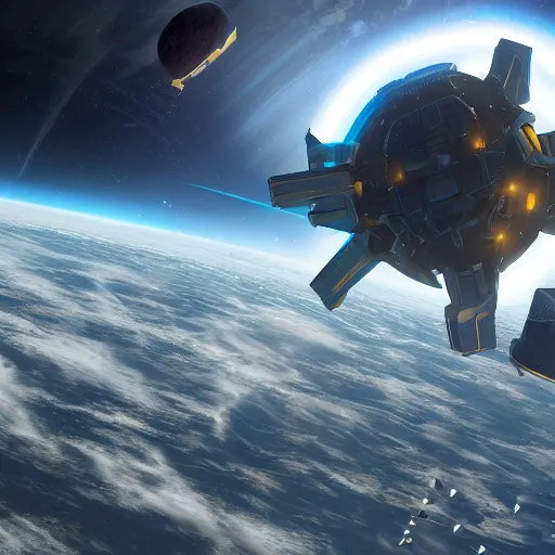 Prompt: Earth's latest orbital railgun platform, digital art, game art, octane render, space, sci-fi, game art