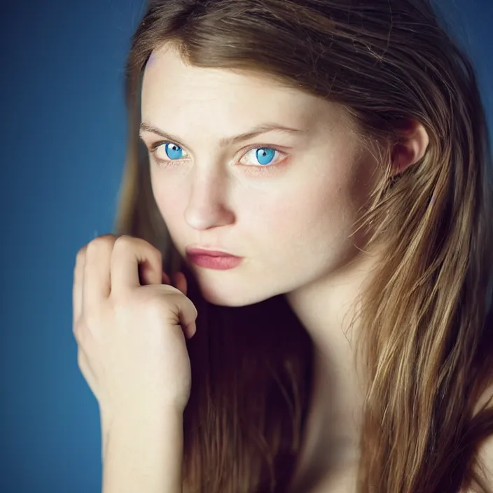 Image similar to Kodak Portra 400, 8K, highly detailed, britt marling style 3/4 extreme closeup portrait of a extremely beautiful girl with dark blue eyes and light brown hair, four fingers maximum, high light on the left, non-illuminated backdrop, illuminated by a dramatic light, Low key lighting, light dark, High constrast, dramatic , nina masic ,Flora Borsi, dark background, high quality, photo-realistic, 8K