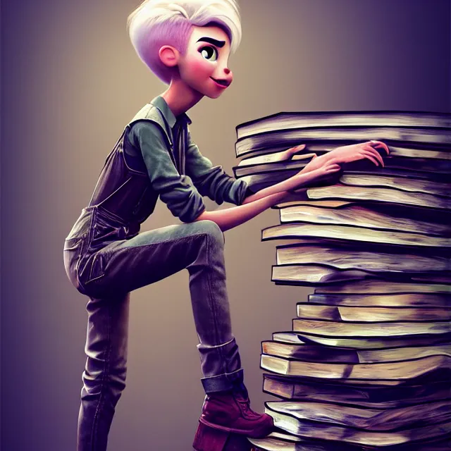 Image similar to full body pose, beautiful adult book fairy, pixar, short white hair shaved sides, dirty, grungy, grunge, long sleeve, painted overalls, stacks of giant books, highly detailed, 4 k, hdr, smooth, sharp focus, high resolution, award - winning photo, artgerm, photorealistic