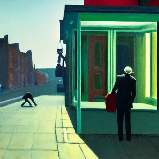 Image similar to a painting painting of a lonely man with a skull as his head waiting for the bus at night, green dramatic and cinematic light from the streetlight, the sky is full of stars, in the style of edward hopper, 4 k,