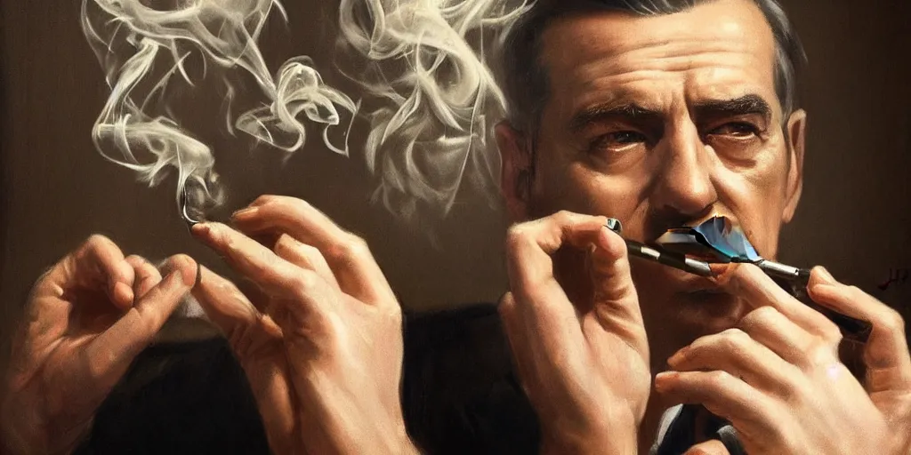 Image similar to beautiful oil matte portrait painting, mafia boss smoking at his 5 0 s new york office desk, wonderful masterpiece highly detailed, beautiful cinematic light deep focus, elegant, digital painting, smooth, sharp focus, golden ratio, dramatic illumination, ultra realistic, 8 k, art by jimmy law