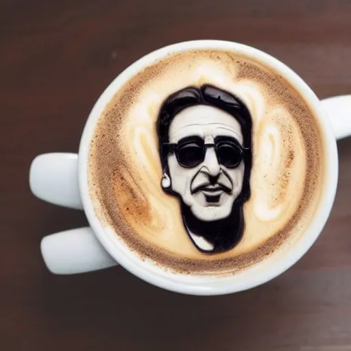 Prompt: al pacino's face made of coffee and milk foam in a cup of cappuccino, high detail