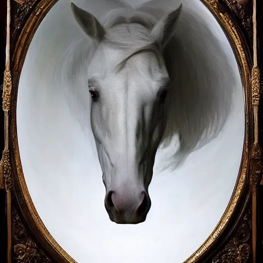 Prompt: an all white horse, with no facial features, like a white mask pulled over their face, full body laying in a blood red pool of water between a golden mirror frame, inspired by the bohemian grove sacrifice ritual and outside the mirror frame is a deep space, physically accurate, dynamic lighting, intricate, elegant, highly detailed, very very Roberto Ferri, sharp focus, very very unsettling, very terrifying, illustration, art
