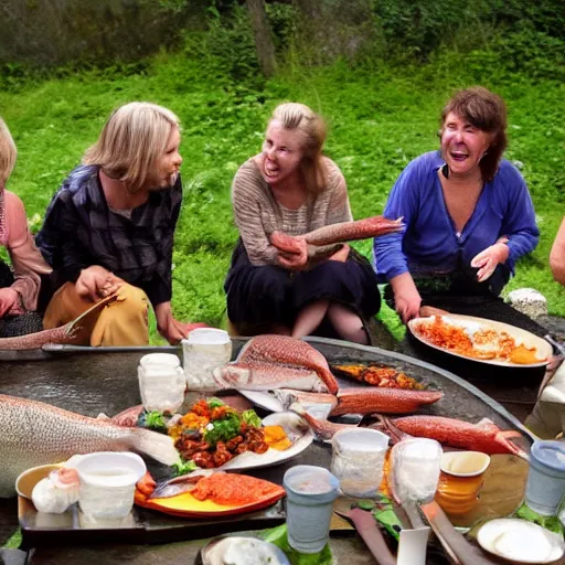 Image similar to a group of women feasting on trouts