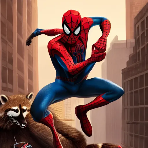 Image similar to spider - man sit on the raccoon and eating donuts, concept art, trending on artstation, highly detailed, intricate, sharp focus, digital art, 8 k