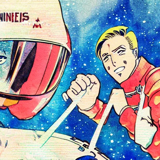 Prompt: a vintage anime 70s comic book watercolor of Alex Jones in space