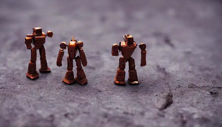 Prompt: miniature figurines of giant rusty robots on an old metal table, HD 8K, depth of field, fstop 1.2, bokeh, dynamic lighting, 50mm lens, 1970s kodak film