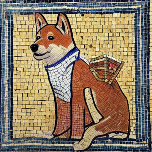 Prompt: an ancient roman tile mosaic depicting a shiba inu in a toga, a detailed masterpiece