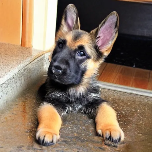 Prompt: German Shepherd puppy takes a bath