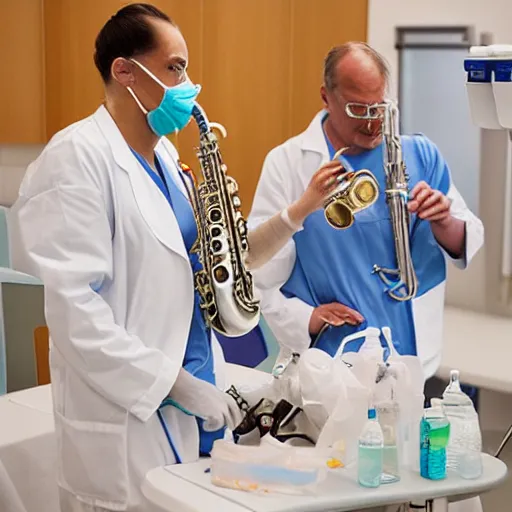 Prompt: doctors playing saxophone made out of clear tubing, syringes, urine collection bag, iv pole, fluid bag, nebulizer equipment, bag - valve mask, intubation equipment, speculum, defibrillator, coban. concert in surgical theater.