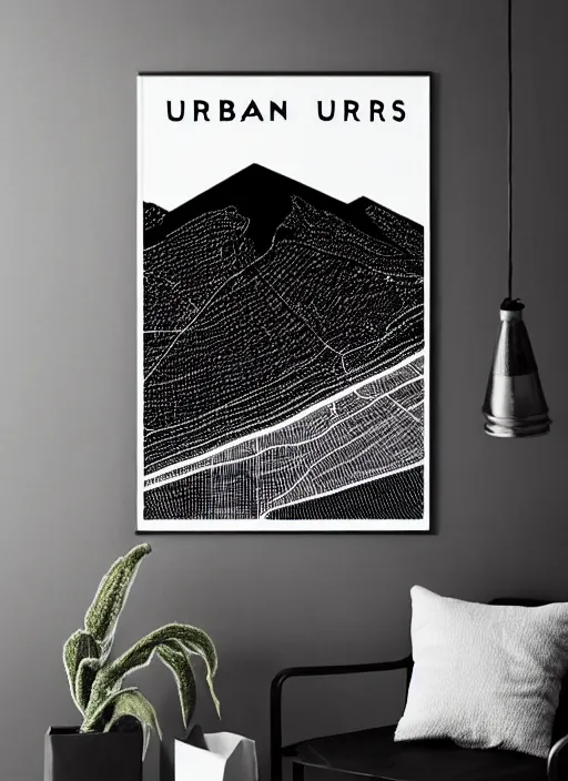 Prompt: urban outfitters poster black background white lines drawn topography mountain