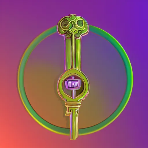 Prompt: a stylised old colorful metal key, key is on the center, rpg game inventory item, rim light, outer glow, on the white background, trending on artstation