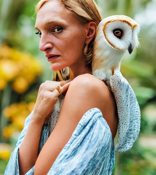 Prompt: head to shoulder Portrait an attractive young female wearing that looks like uma thurman a yellow kimono in a tropical greenhouse with a very detailed barn owl on her shoulder, medium format camera, 85mm f1.8, bokeh, Fashion shoot 8k