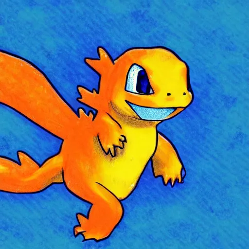 Prompt: sketch of a blue charmander ~ water powers ~ realistic ~ trending ~ ocean background ~