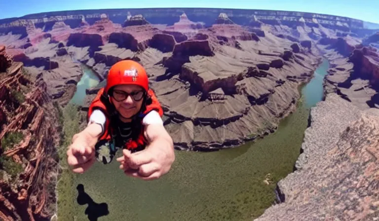 Prompt: gollum base jumping in the grand canyon gopro selfie video, wide - angle, motion blur