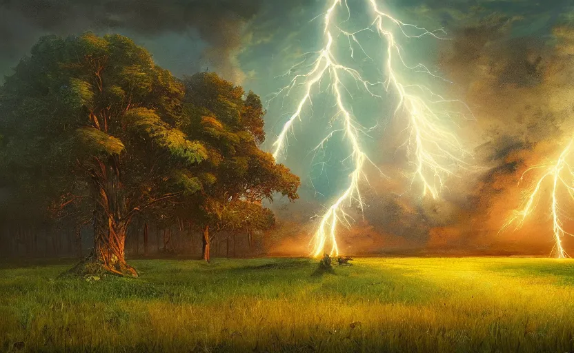 Prompt: lightning strikes a tree in the middle of a field, Bright colors, fantastic landscape, hyperrealism, no blur, 4k resolution, ultra detailed, style of Anton Fadeev, Ivan Shishkin, John Berkey