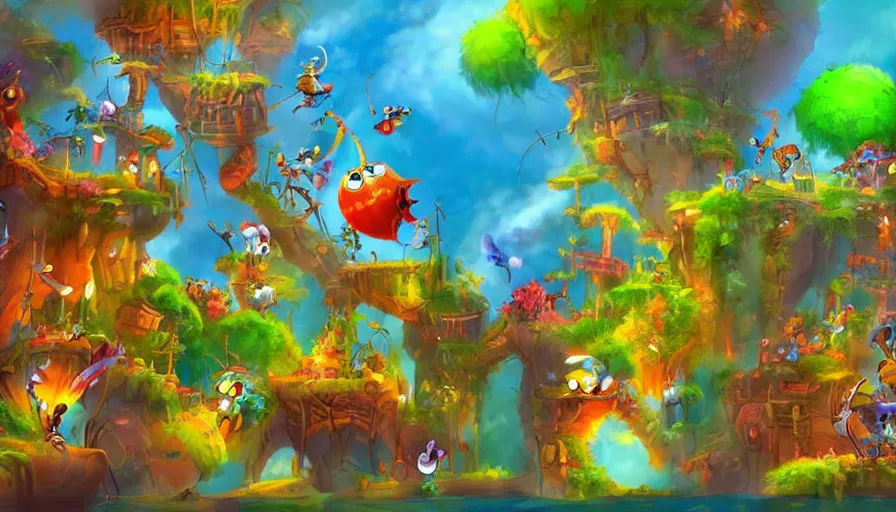 Image similar to backgrounds for animation in the style of rayman game series, background concept art, Rayman Legends, Rayman Origins, lively, joyful, colorful, jungles, cities, highly detailed, intricate, plants, colorful houses