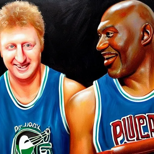 Image similar to portrait of larry bird and michael jordan sharing hotdogs, an oil painting by ross tran and thomas kincade