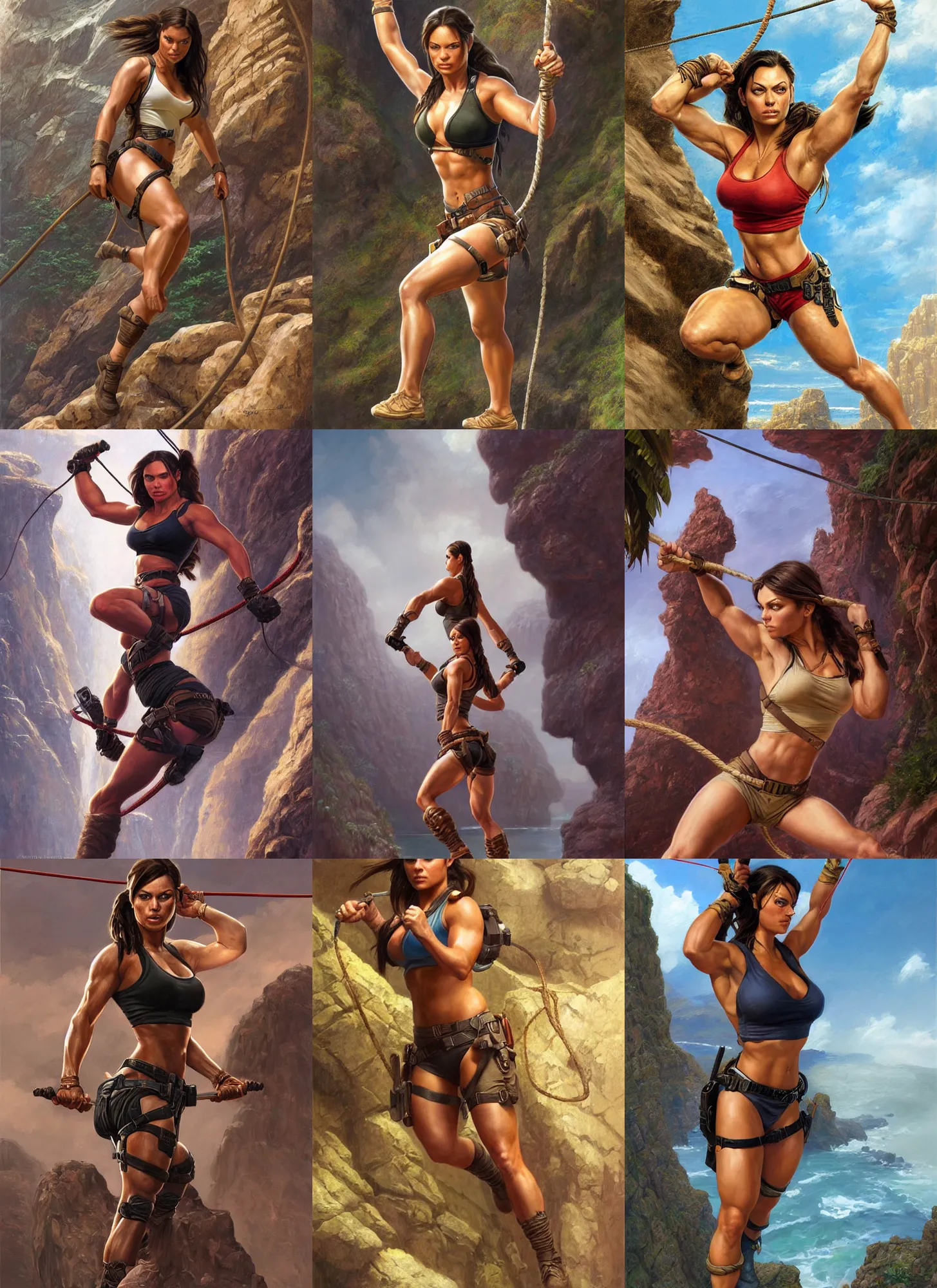 Prompt: portrait of very muscled Mila Kunis as Lara Croft balance walking a tight rope over deep chasm, elegant, highly detailed, centered, digital painting, artstation, artgerm, donato giancola, Joseph Christian Leyendecker, WLOP, Boris Vallejo, Artgerm