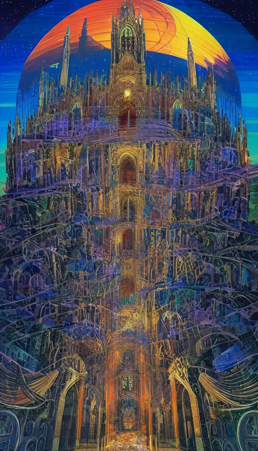 Prompt: The cathedral of endless dreams, italian futurism, Dan Mumford, da vinci