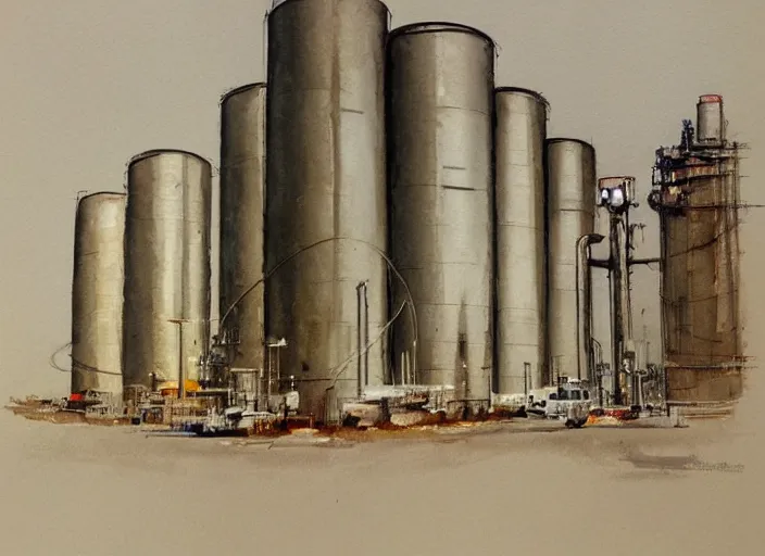 Image similar to concept art of a industrial complex silos, pinterest, artstation trending, behance, watercolor, by coby whitmore, silver, laser light,