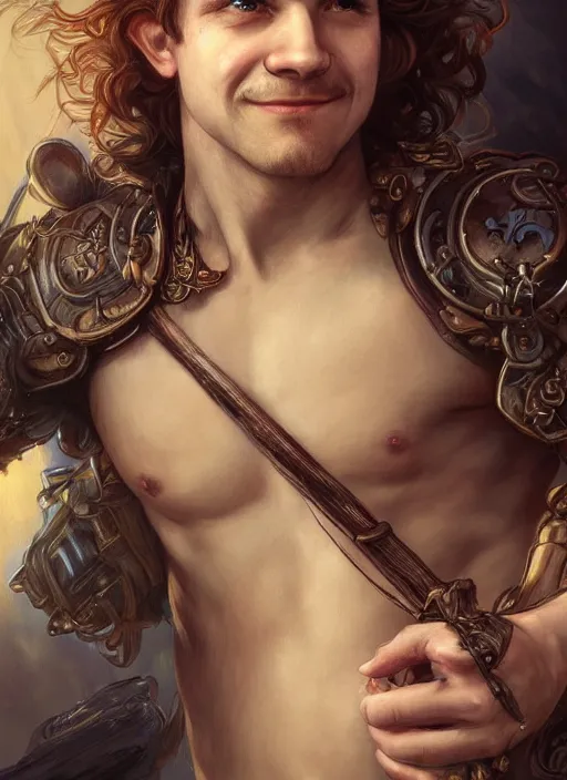 Image similar to male halfling bard, beautiful detailed eyes and a bright smile, dirty, fantasy, intricate, rough, highly detailed, digital painting, 4k, HDR, concept art, detailed book, smooth, sharp focus, upper body shot, illustration, art by Artgerm, H R Giger and Alphonse Mucha