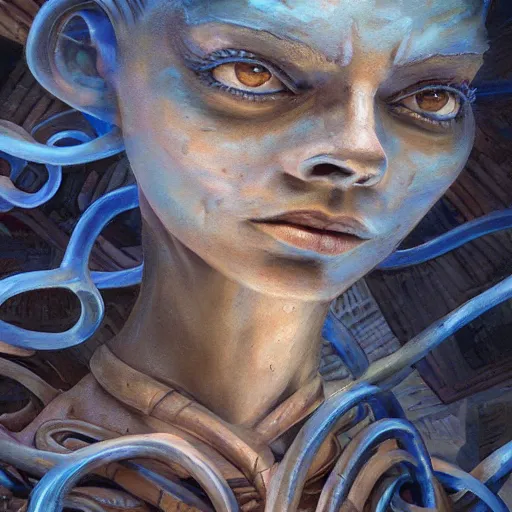 Image similar to detailed face of a woman with blue eyes in a biomorphic courtyard with dna sculptures at a science expo, atmospheric, ambient, pj crook, syd mead, livia prima, artgerm, greg rutkowski, nick alm, casey baugh