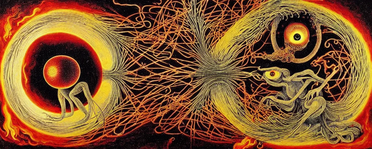 Image similar to a strange fire creature with endearing eyes radiates a unique canto'as above so below'while being ignited by the spirit of haeckel and robert fludd, breakthrough is iminent, glory be to the magic within, in honor of saturn, painted by ronny khalil