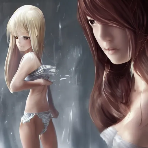 Image similar to tiny father a tall daughter picture : a very beautiful young blond anime girl, sky blue eyes, bikini, white miniskirt, highly detailed, cinematic wallpaper by stanley artgerm lau
