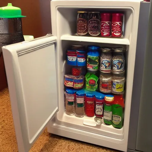 Prompt: mini fridge with spoons inside