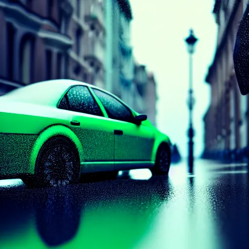 Prompt: car blue, street, rain, green cloud. super realistic 8 k render of a dark hooded powerful elegant, cinematic composition
