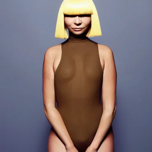 Image similar to sia furler wearing a skin colored leotard full body artistic photoshoot