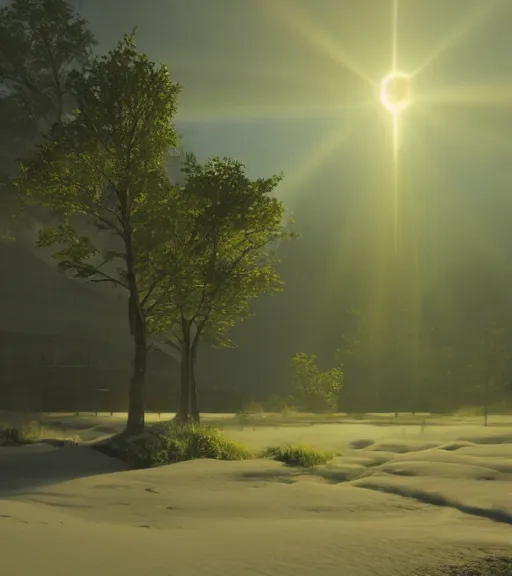 Image similar to green cross lights in the artic, volumetric lighting, fog, majestic light, octane render, ethereal glare of the sun, hyperrealistic, epic, masterpiece, by makoto shinkai, by peter zumthor