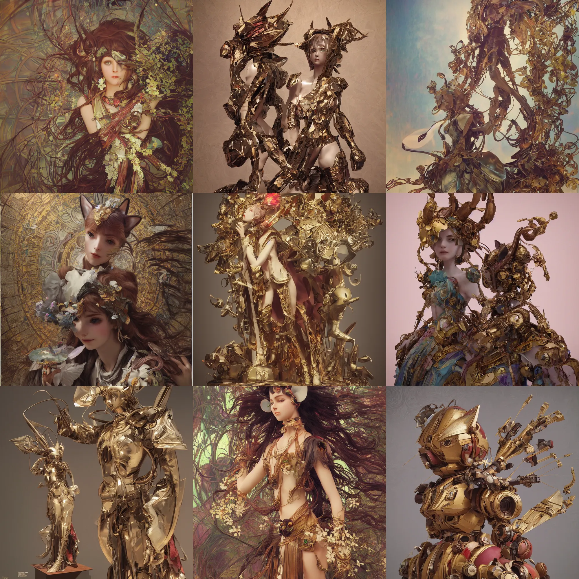 Prompt: 3 d octane render art ultra 8 k photorealistic art hyper detailed unreal engine, a wooden sculpture art on a pedestal a very cute mystical gundam of the bohemian with cat's ears, concept art, trending on cgsociety art, artwork masterpiece, in a contemporary art gallery in neo paris by alphonse mucha