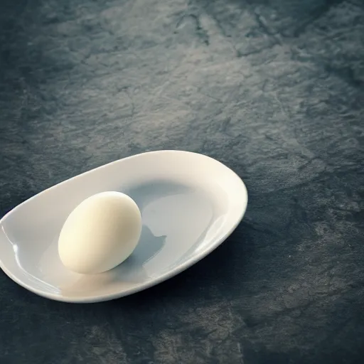 Image similar to a photograph of a hard boiled egg, sitting on top a table, there is a table cloth with an ornate pattern. minimalistic, natural light, depth of field