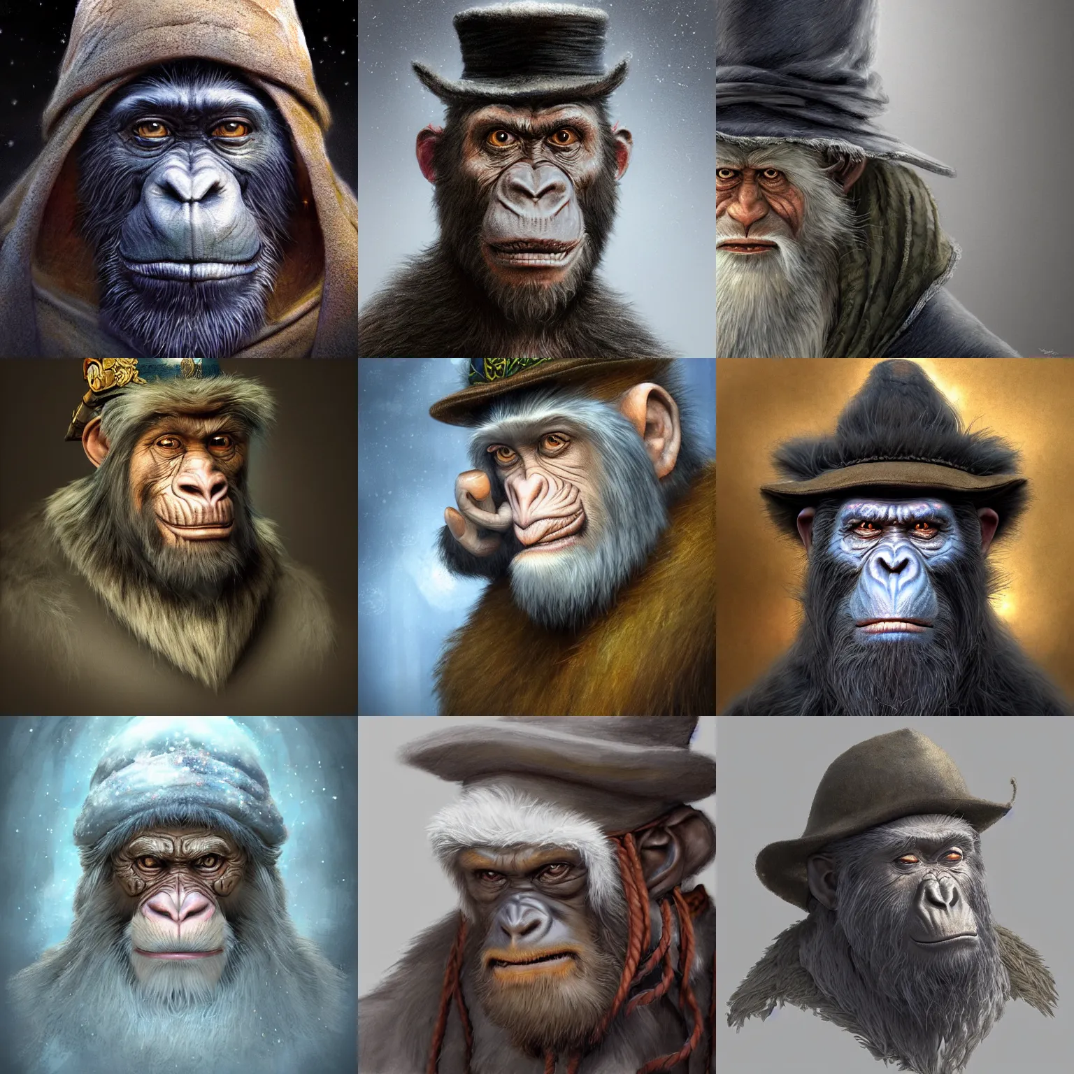 Prompt: a wlop 3 d render of very very very very highly detailed beautiful mystic portrait of a phantom ape mage with stylish hat and frosty background by anton pieck, intricate, extremely detailed, micro detail, digital painting, artstation, concept art, smooth, sharp focus, illustration, intimidating lighting, incredible art,