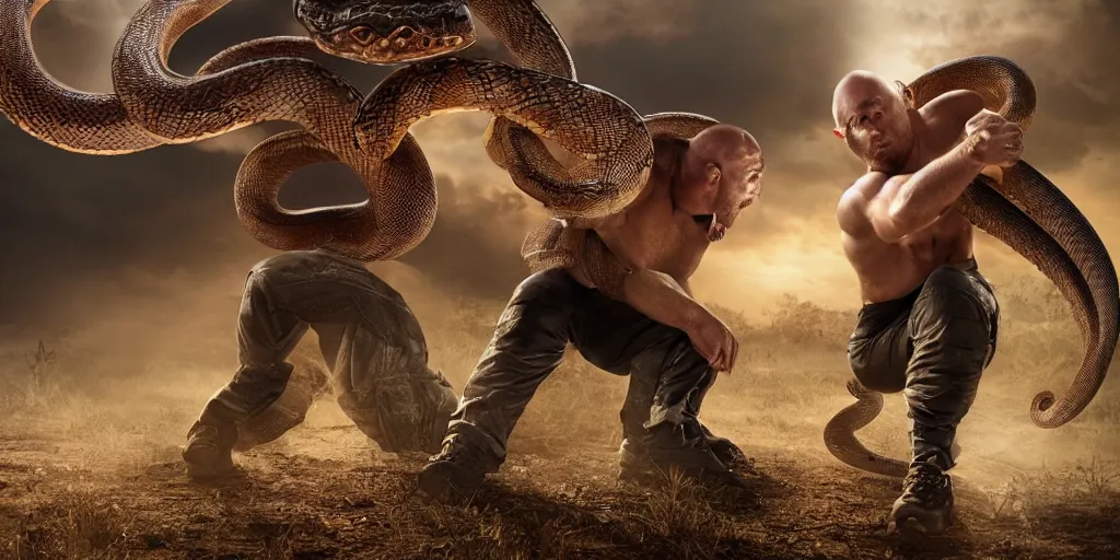 Image similar to The Ryback fighting a snake outdoors, highly detailed, intricate, digital illustration, hyperrealistic, photorealistic, ultra hd, cinematic lighting, award-winning, 4k, beautiful color, high quality, high textured, lens flare