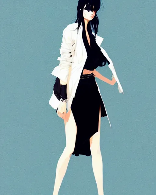 Image similar to a ultradetailed painting of a stylish woman wearing a white jacket with black skirt, by conrad roset, greg rutkowski and makoto shinkai trending on artstation