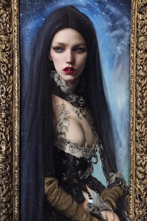 Image similar to hyperrealism oil painting, close - up portrait of european medieval brunette vampire fashion model, knight, steel gradient mixed with nebula sky, in style of baroque