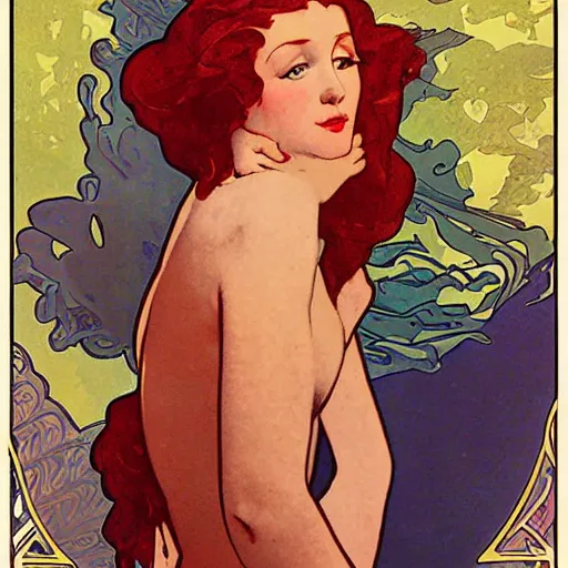 Prompt: redhead womanposter style by designer Maurice Pillard-Verneuil, alphonse mucha, maxfield parrish