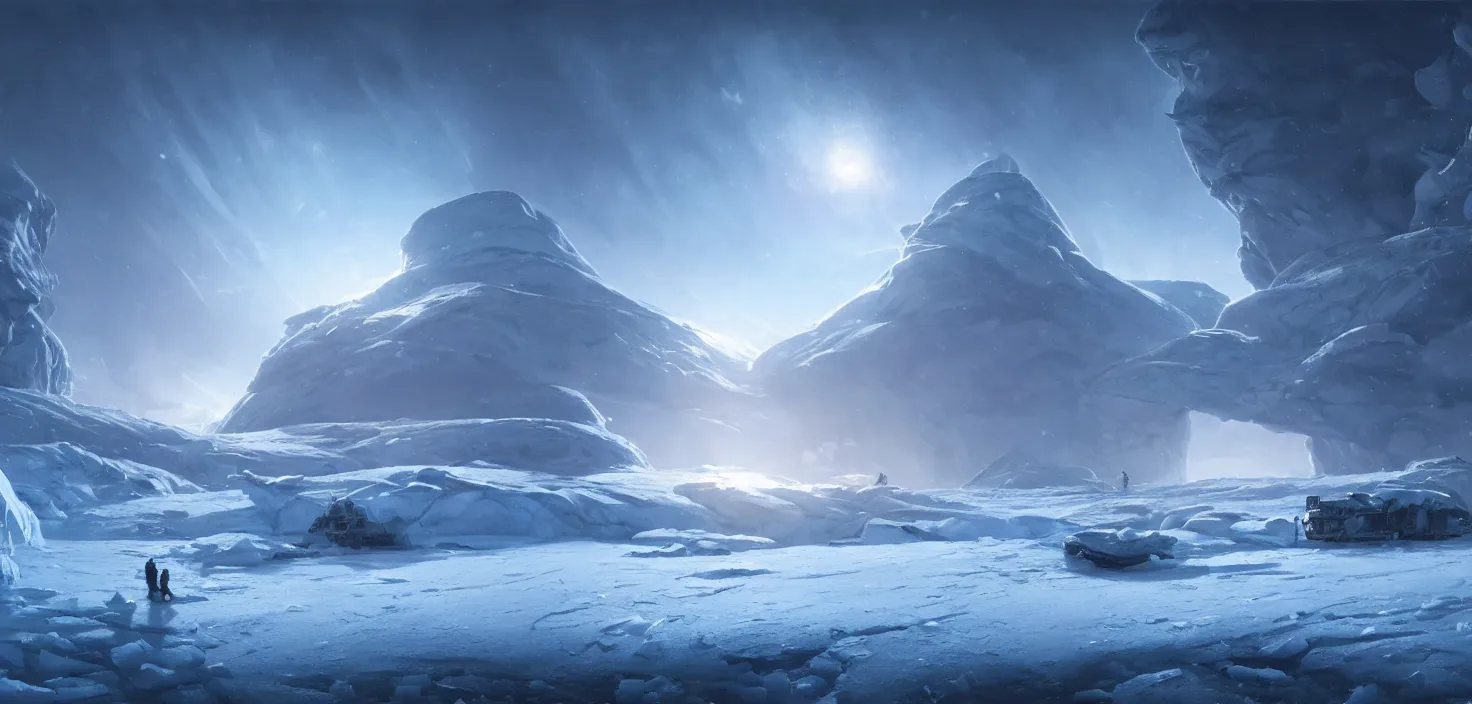 Prompt: scientific base station in the ice. research center in the snow, landscape, cinematic view, epic sky, detailed, concept art, low angle, high detail, warm lighting, volumetric, godrays, vivid, beautiful, trending on artstation, by jordan grimmer, huge scene, grass, art greg rutkowski