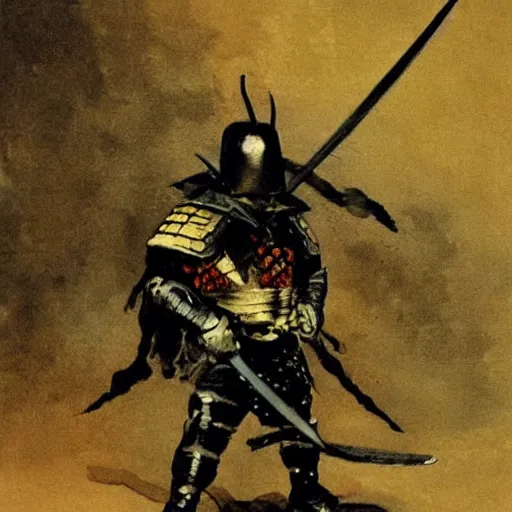 Image similar to a dark samurai painted by Frank Frazetta