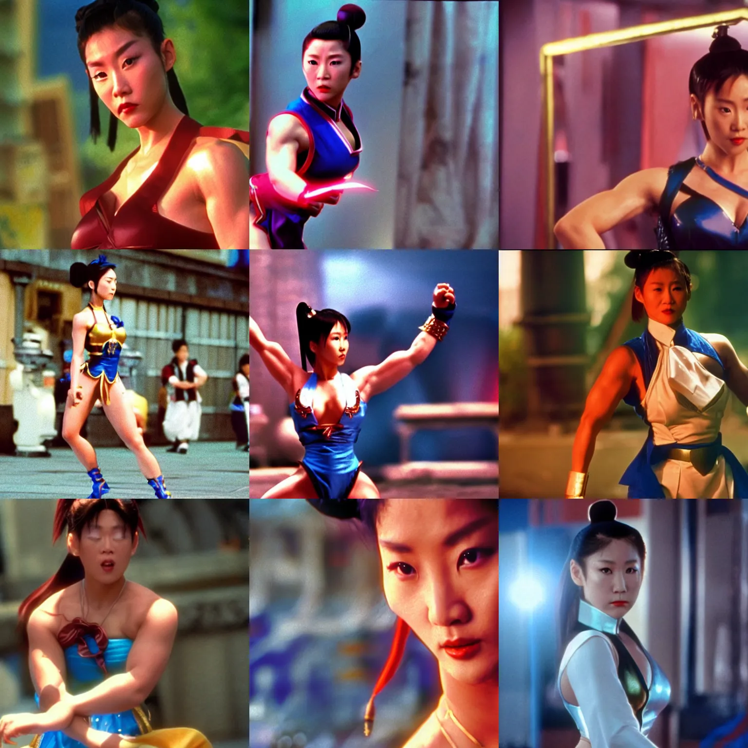 Prompt: Chun-Li from the 1992 live action Street Fighter movie, promo still image, center frame medium shot, shot on technicolor cinemascope 35mm anamorphic lense, flare, still from a movie