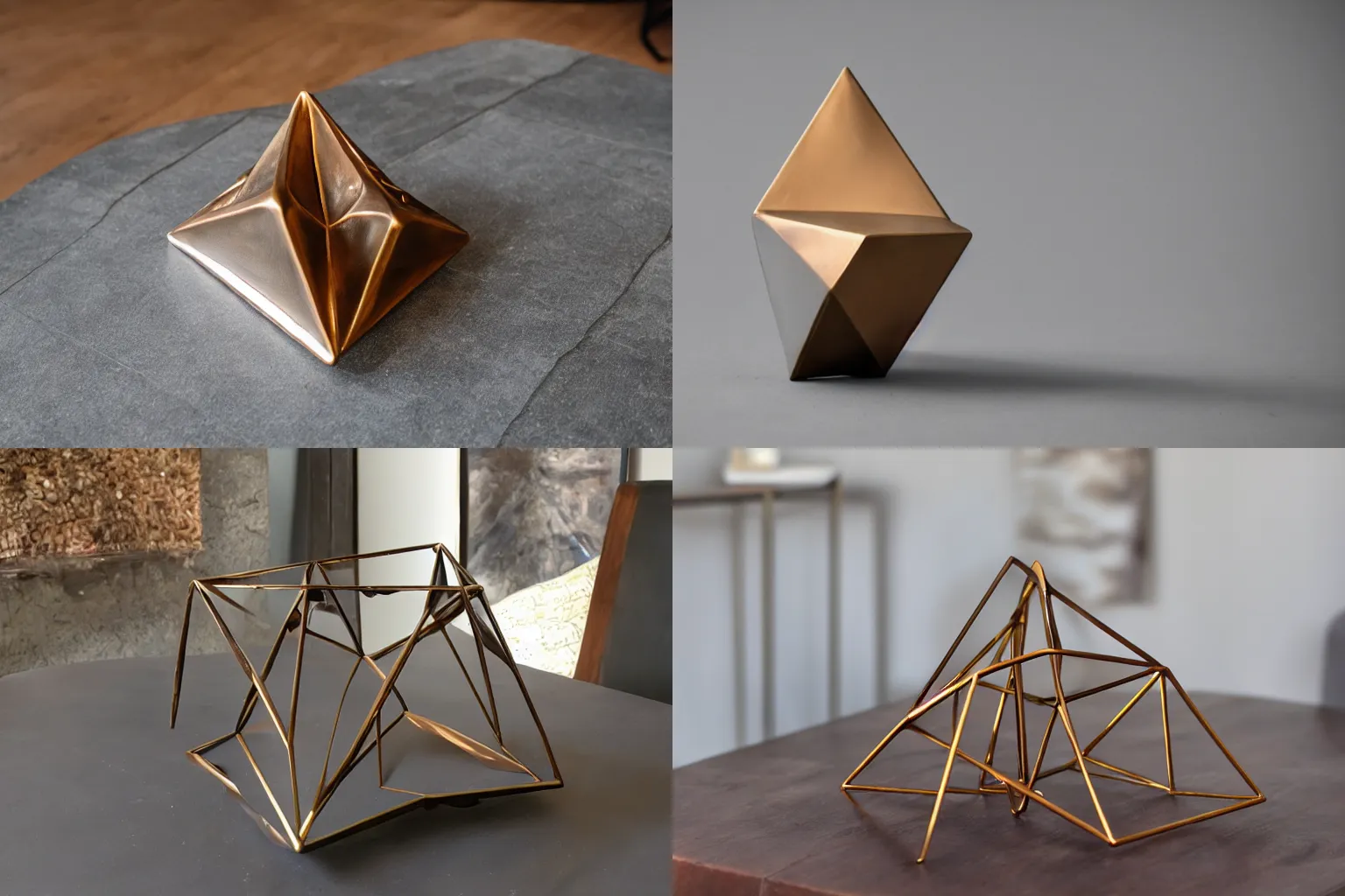 Prompt: octahedron shaped bronze sitting on a coffee table