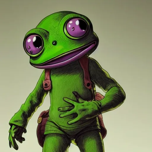 Image similar to little boy wearing an cyborg pepe the frog suit, artwork in kentaro miura and made in abyss, smooth, purple and green gamma, studio lighting, beautiful lightness, anatomically correct, trending on pixiv