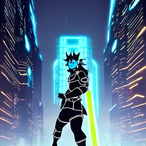 Image similar to Ganondorf in the style of Tron Legacy, wielding a large neon fantasy greatsword, tron legacy city in the background, dark black sky