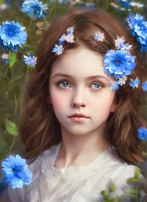 Image similar to a little girl with short wavy brown hair and blue eyes with her face painted. face painting of flowers. beautiful highly detailed face. painting by artgerm and greg rutkowski and raymond swanland.