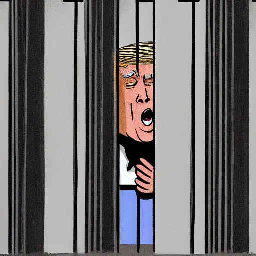 Image similar to Trump crying like a baby behind jail cell bars.