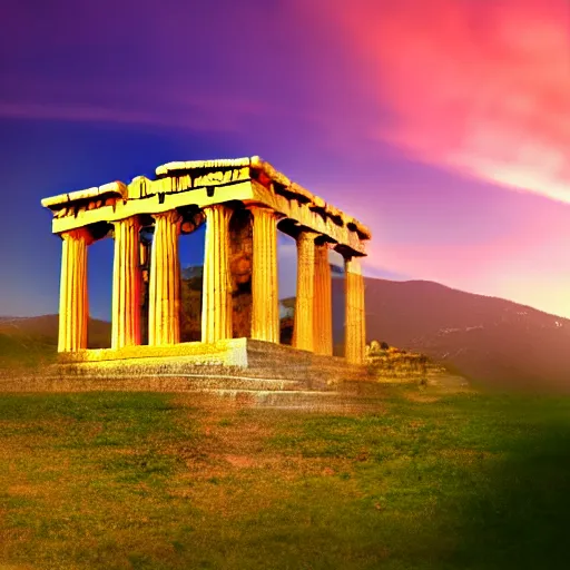 Prompt: professional photo similar to greek temple and hills level of sonic the hedgehog, by discovery magazine, pink sunset, real life, photorealistic, soft focus, long exposure